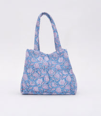 Light Blue Handmade Tote Bag With Printed Motifs With Button (14"H X 17"W X 8"D)-ACS1052