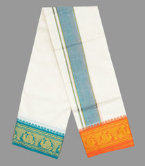 Cream 9 x 5 Cotton Dhoti with Red And Green Animal Border-CD1500
