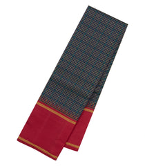 Midnight Blue Handloom Korvai Kanchipuram Silk Saree With Checks & Red Border-KA16817