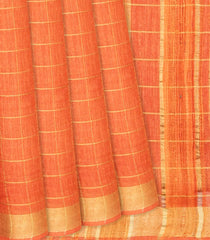 Orange Handwoven Tussar Silk Saree With Checks-Orange