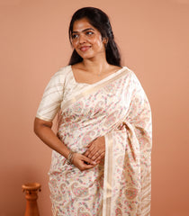 Off White Printed Synthetic Tussar Silk Saree With Floral Motifs & Zari Border-SY0491