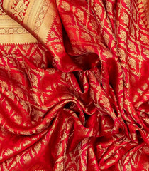 Red Handloom Silk Saree With Floral Jaal Motifs & Hand Embroidered Selvage-EN1720