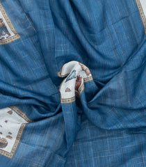 Blue Printed Art Linen Saree With Zari Checks-BL6070