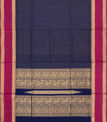 Navy Blue Handloom Silk Cotton Saree With Zari Checks & Contrast Border-SC4565
