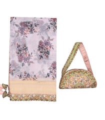 Lavender Woven Fuchsia Georgette Digital Printed Saree With Embroidered Motifs & Handbag-BL3804