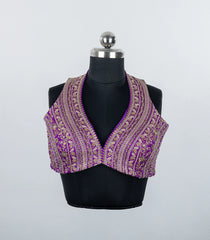 Purple Embroidered Blended Raw Silk Readymade Back String Sleeveless Blouse RB5206