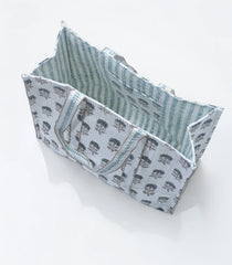 White Bagru Printed Handmade Cotton Quilted Tote Bag-ACS1024