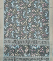 Dark Grey Woven Art Linen Saree With Printed Floral Motifs-BL3756