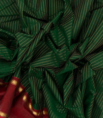 Dark Green Handloom Kanchi Cotton Saree With Zari Stirpes & Maroon Border