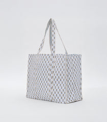 White Bagru Printed Handmade Cotton Quilted Tote Bag-ACS1038