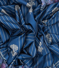 Blue Woven Art Tussar Saree With Stipes & Printed Floral Motifs-BL3990