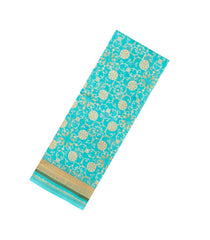 Turquoise Printed Chanderi Cotton Saree With Floral Motifs-CC1712
