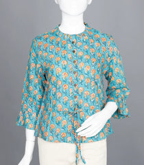 Turquoise Floral Block-Print Ruffled-Neck Top with Tie-Up-RB5241