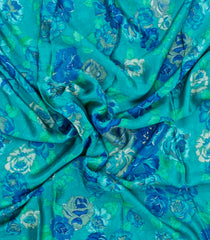 Cyan Printed Pure Satin Silk Saree With Floral Motifs-PS0951