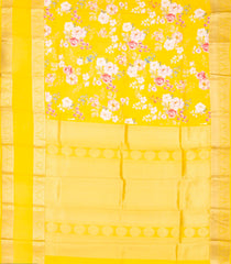 Yellow Handloom Silk Saree With Printed Floral Motifs & Zari Border-PS0545