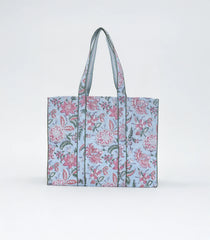 Light Blue Bagru Printed Handmade Cotton Quilted Tote Bag-ACS1039