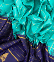 Turquoise Handloom Korvai Kanchipuram Silk Saree With Checks & Contrast Border-KA13377