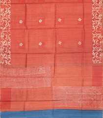 Red Woven Tussar Silk Saree With Stripes &  Printed Floral Border-TU3005