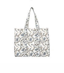 Off White Bagru Printed Handmade Cotton Quilted Tote Bag-ACS1034