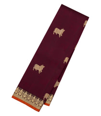 Maroon Handloom Kanchipuram Silk Saree With Pichwai Cow Motifs-KA13793