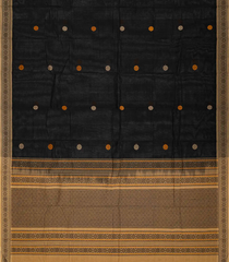 Black Handloom Kanchi Cotton Saree With Floral Buttas & Taupe Border