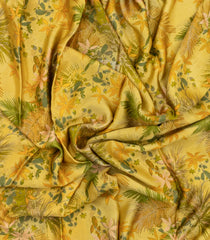 Yellow Printed Pure Satin Silk Saree With Floral Motifs-PS0945