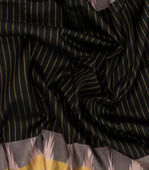 Black Handloom Kanchipuram Silk Saree With Stripes & Contrast Border-KA13670