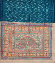 Indigo Handloom Tussar Silk Saree With Printed Stripes & Madhubani Pallu-TU2867