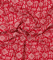 Red Printed Jaipur Cotton Saree With Tribal Motifs-JC1796