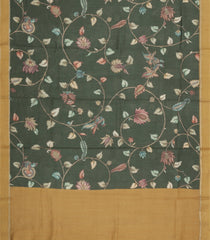 Olive Green Printed Tussar Silk Saree With Kalamkari Motifs-TU3599