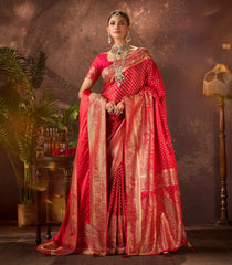 Red Woven Blended Satin Saree & Duppatta With Stone Work-EN1959