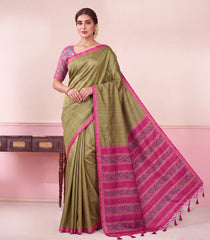 Olive Green Printed Synthetic Kotha SIlk Saree With Zari Border & Printed Blouse-SY0623