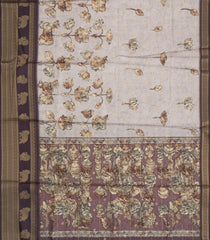 Taupe Printed Synthetic Dupion Saree With Zari Stripes & Brown Border-SY0235