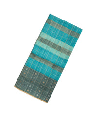 Turquoise Handloom Tussar Silk Saree With Checks & Printed Floral Motifs-TU2797