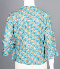 Turquoise Floral Block-Print Ruffled-Neck Top with Tie-Up-RB5241