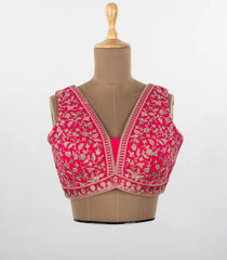 Hot Pink Embroidered Blended Raw Silk Readymade Sleeveless Blouse RB5197