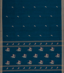 Indigo Handloom Bengal Cotton Saree With Bird Buttas-BG1790