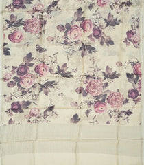 Cream Handloom Tussar Silk Saree With Printed Floral Motifs-TU2882