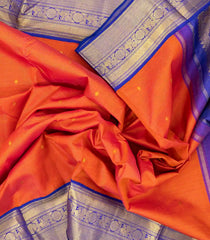 Orange Handloom Korvai Kanchipuram 9 Yards Silk Saree With Stripes & Contrast Border-KA13408