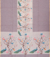 Grey Woven Art Linen Saree With Printed Peacock Motifs-BL3719