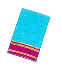 Turquoise Mysore Crepe Silk Saree With Coin Buttas & Pink Border