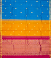 Blue Handloom Kanchipuram Silk Saree With Floral Buttas & Dual Pallu-KA12721