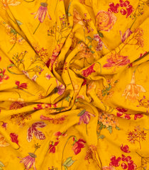 Mustard Printed Crepe Silk Saree With Floral Motifs-PS0895