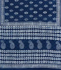 Indigo Printed Jaipur Cotton Saree With Floral Motifs-JC1591