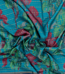 Cyan Printed Synthetics Dola with Zari Stripes & Contrast Border-BL5165