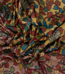 Pink & Yellow Woven Tussar Silk Saree With Printed Kalamkari Motifs-TU2906