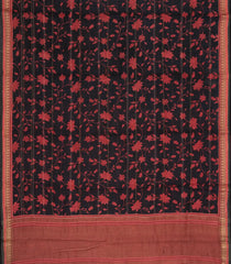 Black Woven Tussar Silk Saree With Stripes & Printed Floral Motifs-TU3116