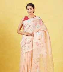 Light Peach Handloom Tussar Silk Saree With Printed Bird Motifs