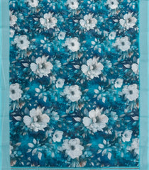 Cyan Printed Synthetic Linen Saree With Floral Motifs-SY0195