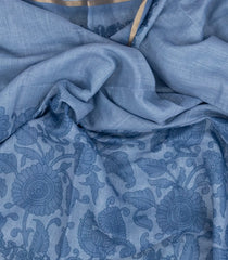 Steel Blue Woven Art Tussar Saree With Printed Floral Motifs-BL3955